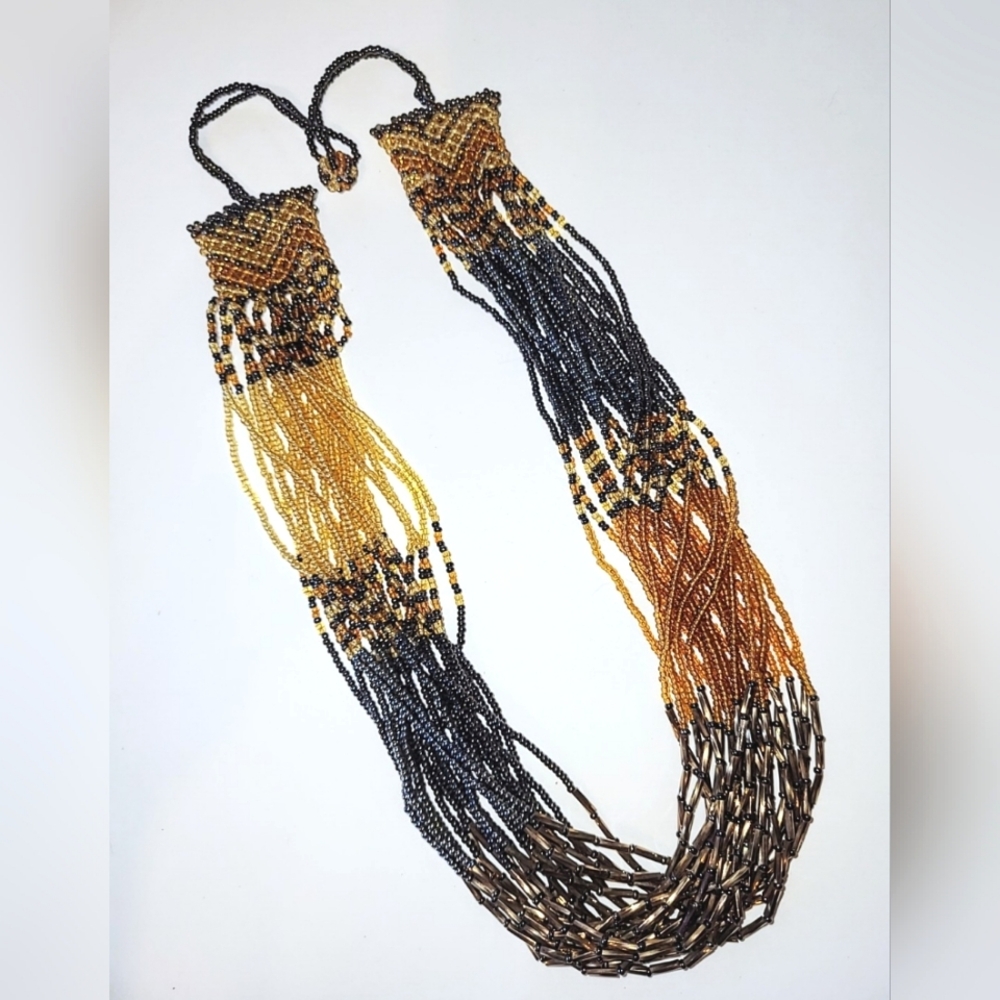 HANDMADE SEED BEAD & BUGLE BEAD MULTI-STRAND NECKLACE - SHADES OF GOLD & BRONZE